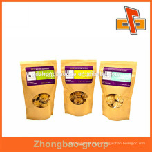 OEM production high quality food grade brown paper bag with window and zipper for cookies packaging
